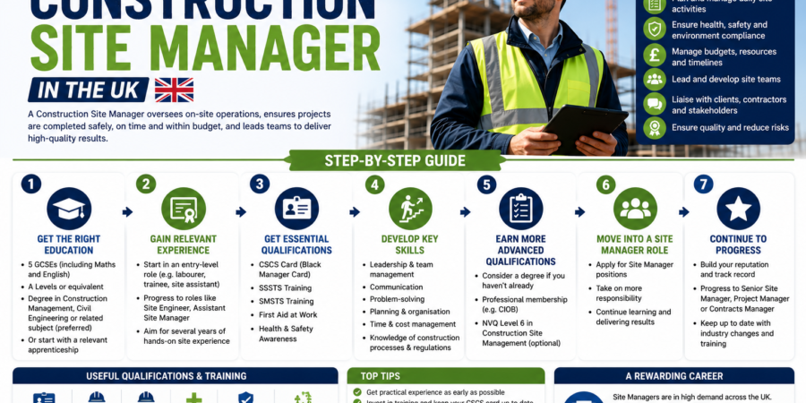 Construction Site Manager supervising workers on a UK construction site