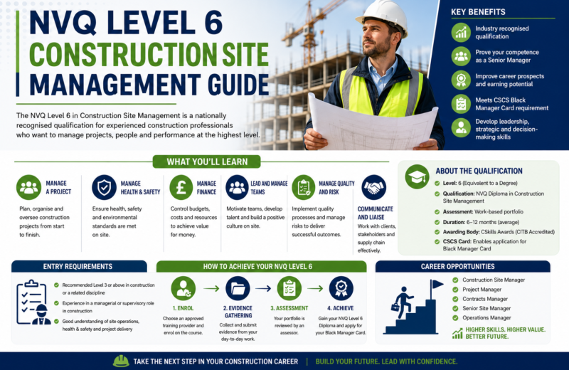 NVQ Level 6 Construction Site Management candidate managing a UK construction project