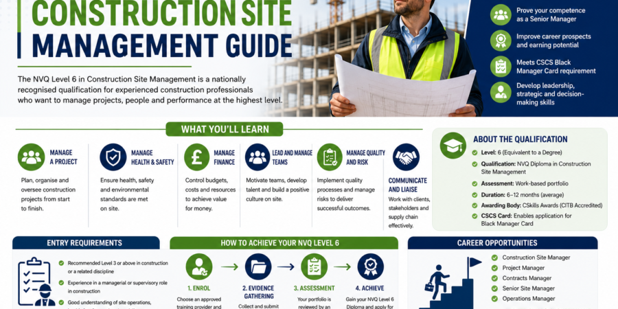 NVQ Level 6 Construction Site Management candidate managing a UK construction project